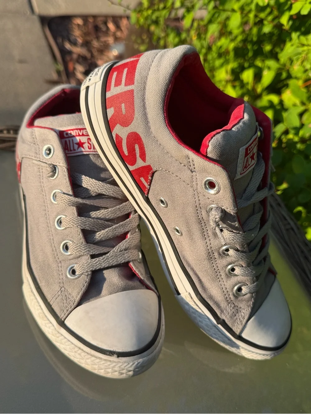 Converse Kids Low Top Canvas Sneakers - Slip In or Tie - Gray & Red - Size 5